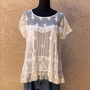 Johnny Was Sheer Embroidered Lace Blouse
